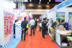 Abstract blurred event exhibition with people background, business convention show concept